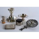 A 19TH CENTURY CONTINENTAL SILVER STRAINING SPOON together with a silver cup, box etc. (6)