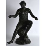 A LARGE 19TH CENTURY ITALIAN GRAND TOUR BRONZE FIGURE OF A MALE modelled upon an open fountain, upon