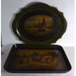 TWO VERY LARGE 19TH CENTURY PAINTED LACQUER TRAYS one decorated with a maritime scene, the other