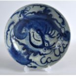 AN EARLY 18TH CENTURY CHINESE BLUE AND WHITE DISH Yongzheng, painted with a dragon pursing a flaming