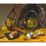 Anne Ratkowski (1903-1997) Oil on canvas, 'Still life of teapot & rug'. Image 61cm x 51cm.