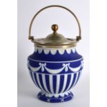 A 19TH CENTURY WEDGWOOD JASPERWARE BISCUIT BARREL AND COVER decorated with neo classical swags. 6.