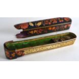 A GOOD LARGE 19TH CENTURY PERSIAN LACQUERED PEN BOX AND COVER decorated with foliage and floral