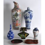 A LATE 19TH CENTURY CHINESE FAMILLE ROSE VASE together with a Qianlong vase, a blue and white