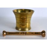AN 18TH CENTURY DUTCH TWIN HANDLED BRONZE PESTLE AND MORTAR. 5.25ins wide. (2)