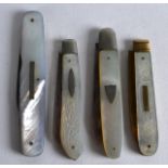 FOUR EDWARDIAN SILVER AND MOTHER OF PEARL FRUIT KNIVES. (4)