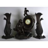 A LARGE ART NOUVEAU COLD PAINTED SPELTER CLOCK GARNITURE the mantel formed as a classical maiden,