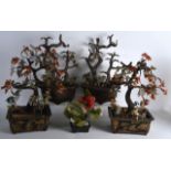 A GROUP OF 19TH/20TH CENTURY CHINESE LACQUER AND HARDSTONE BONZAI TREES carved with jade, agate,