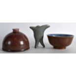AN UNUSUAL CHINESE JUN TYPE WINE VESSEL together with a cafe au lait bowl & a flambe glazed brush