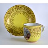 A 19TH CENTURY MEISSEN COFFEE CUP AND SAUCER painted with a landscape in an ornate gilt cartouche