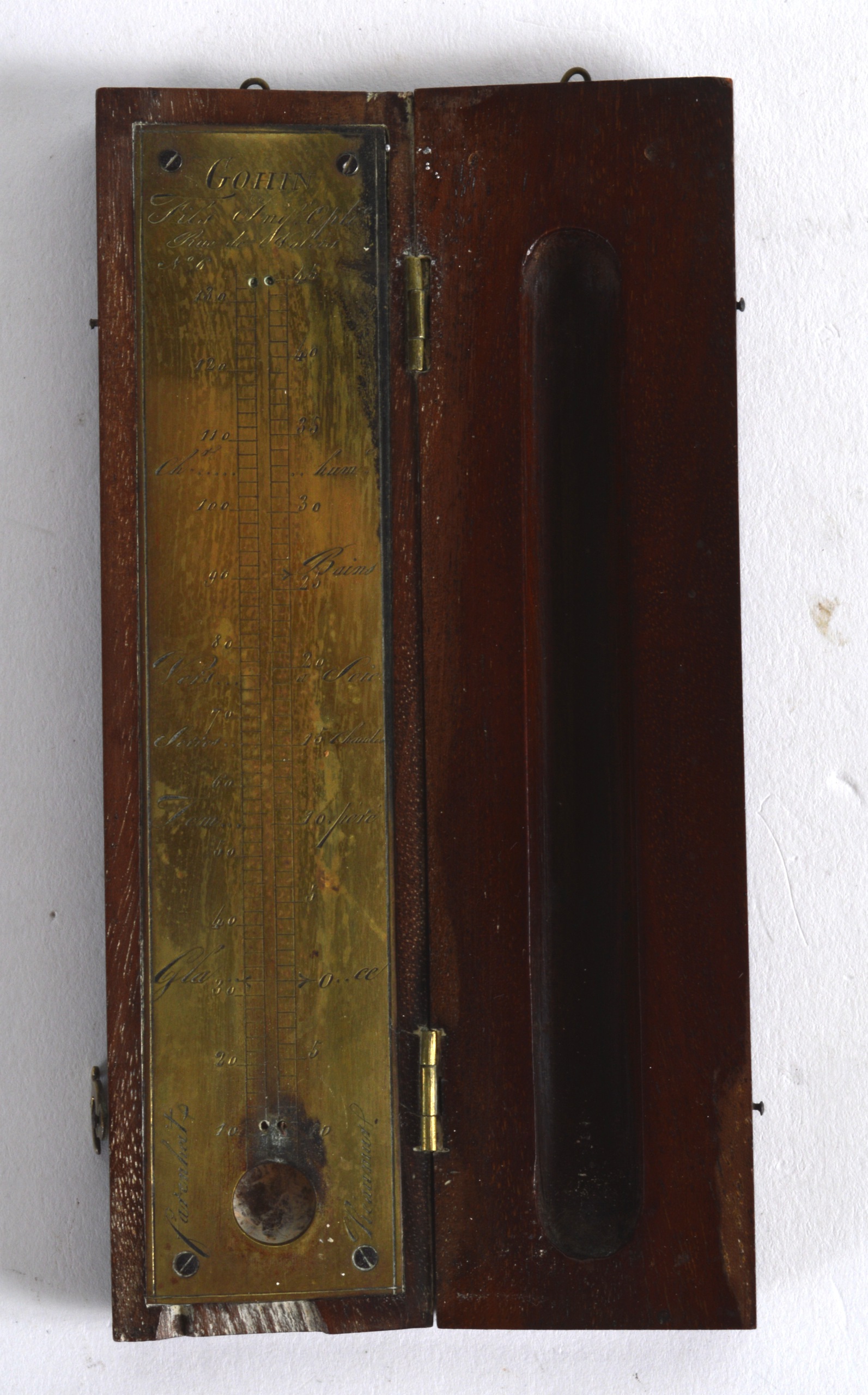 AN UNUSUAL EARLY 19TH CENTURY GOHIN BRASS BOUND POCKET THERMOMETER. 6Ins long.