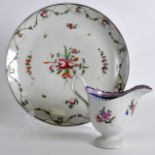 AN 18TH CENTURY NEW HALL CLIP HANDLED PEDESTAL JUG together with a pattern 241 saucerdish. Jug