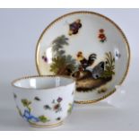 A VERY RARE 18TH CENTURY MEISSEN MINIATURE TEABOWL AND SAUCER painted with a cockerel, hen and