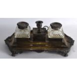 A LARGE GEORGE III GENTLEMANS SILVER DESK STAND INKWELL with cast acanthus border and central