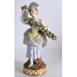 A GOOD 19TH CENTURY MEISSEN PORCELAIN FIGURE OF A GIRL holding a garland of flowers. 6.75ins high.