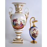 A 19TH CENTURY DAVENPORT TWO HANDLED VASE painted with rural scenes, together with a coalport blue