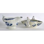 AN 18TH CENTURY WORCESTER TWO HANDLED SAUCEBOAT painted with a Chinese landscape, together with an