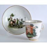 AN EARLY 19TH CENTURY GERMAN AR MARKED CUP AND SAUCER painted with landscapes.