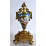 A 19TH CENTURY SEVRES STYLE GILT METAL MOUNTED VASE painted upon a blue celeste ground. 1Ft high.
