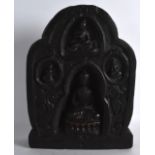 A CARVED WOOD AND LACQUERED TIBETAN WOOD SHRINE inset with four buddhist figues within an