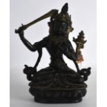 A 19TH CENTURY CHINESE BRONZE FIGURE OF A BUDDHA modelled holding aloft a sword, upon a triangular