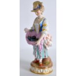 A 19TH CENTURY MEISSEN PORCELAIN FIGURE OF A GIRL modelled holding an apron of grapes. 7Ins high.