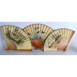 A SET OF THREE MID 20TH CENTURY CHINESE BAMBOO AND SILKWORK FANS with various designs. Largest 1ft