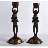 A LOVELY PAIR OF LATE 19TH CENTURY JAPANESE MEIJI PERIOD BRONZE CANDLESTICKS