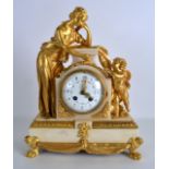 A GOOD MID 19TH CENTURY FRENCH ORMOLU AND WHITE MARBLE MANTEL CLOCK modelled as a semi clad