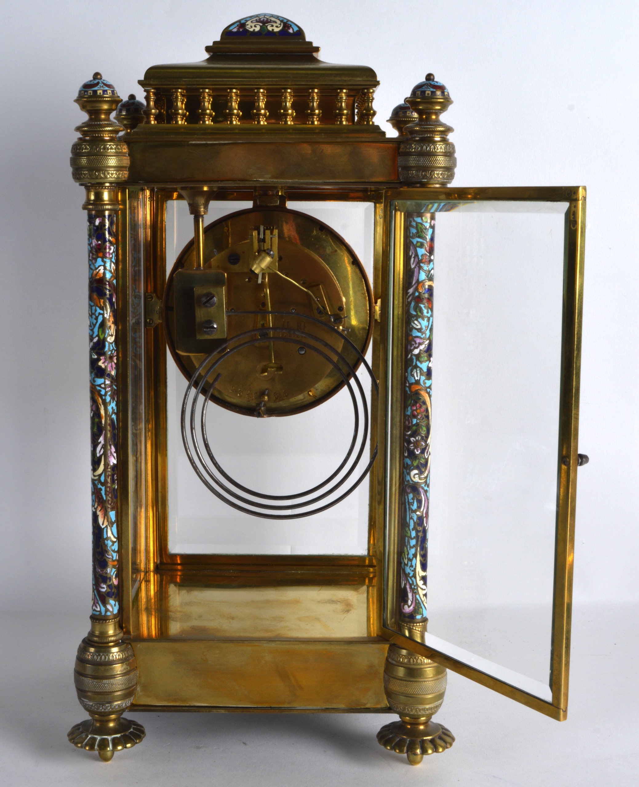 A GOOD 19TH CENTURY FRENCH BRONZE AND CHAMPLEVE ENAMEL MANTEL CLOCK with four cylindrical pillars - Image 2 of 2