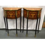 A PAIR OF MARQUETRY INLAID THREE DRAWER CONSOLE TABLES. 2 FT 4INS HIGH.