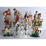 A 19TH CENTURY STAFFORDSHIRE FIGURAL GROUP together with five other figures. Largest 11.5ins