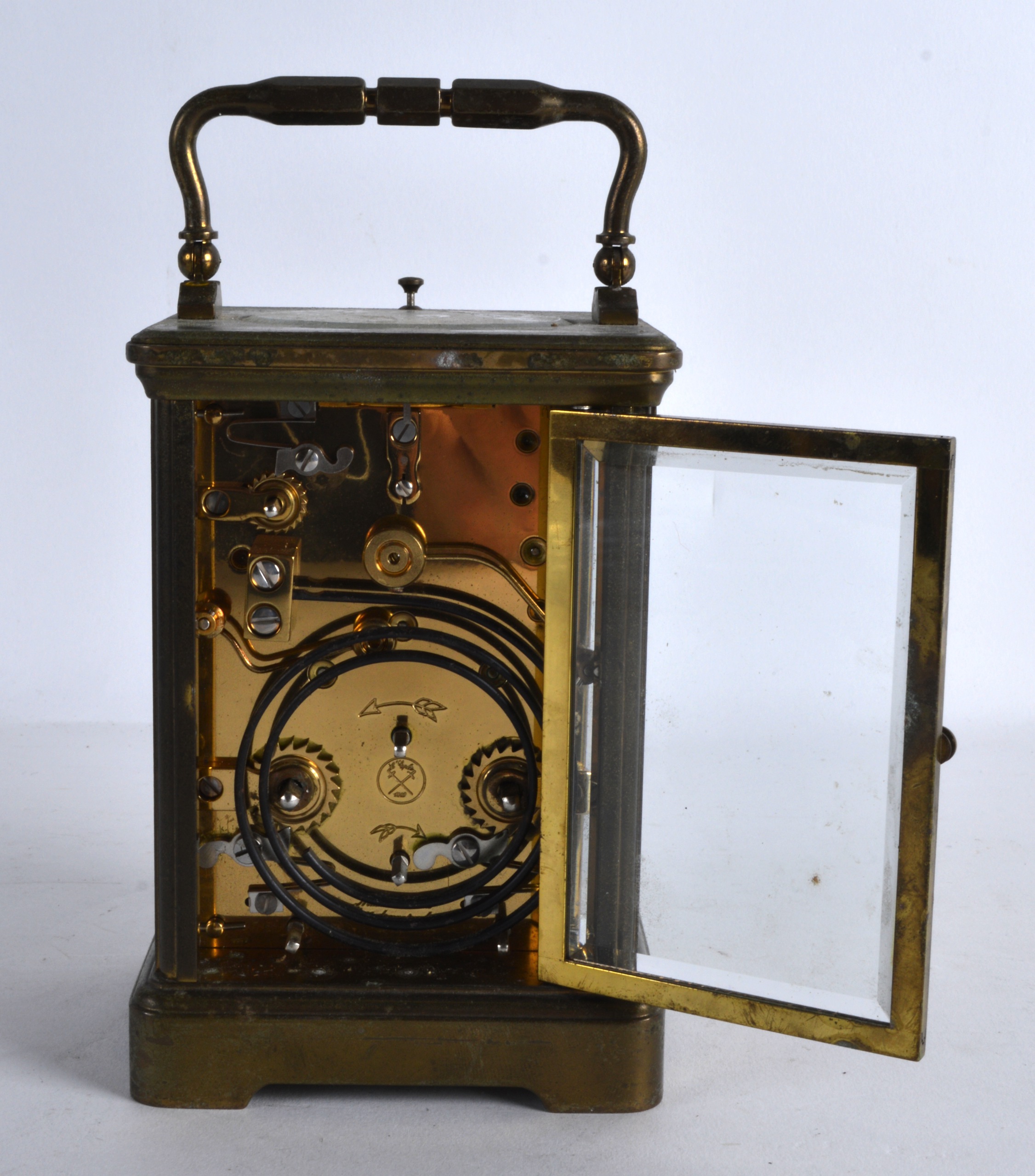 AN EARLY 20TH CENTURY FRENCH BRASS REPEATER CARRIAGE CLOCK retailed by Tiffany & Co, with moon - Image 2 of 3