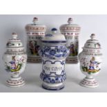 A PAIR OF FRENCH FAIENCE GLAZED APOTHECARY DRUG JARS AND COVERS painted with figures, together