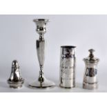 A HALLMARKED SILVER CANDLESTICK together with a miniature silver pepperette, a Berndorf pepper