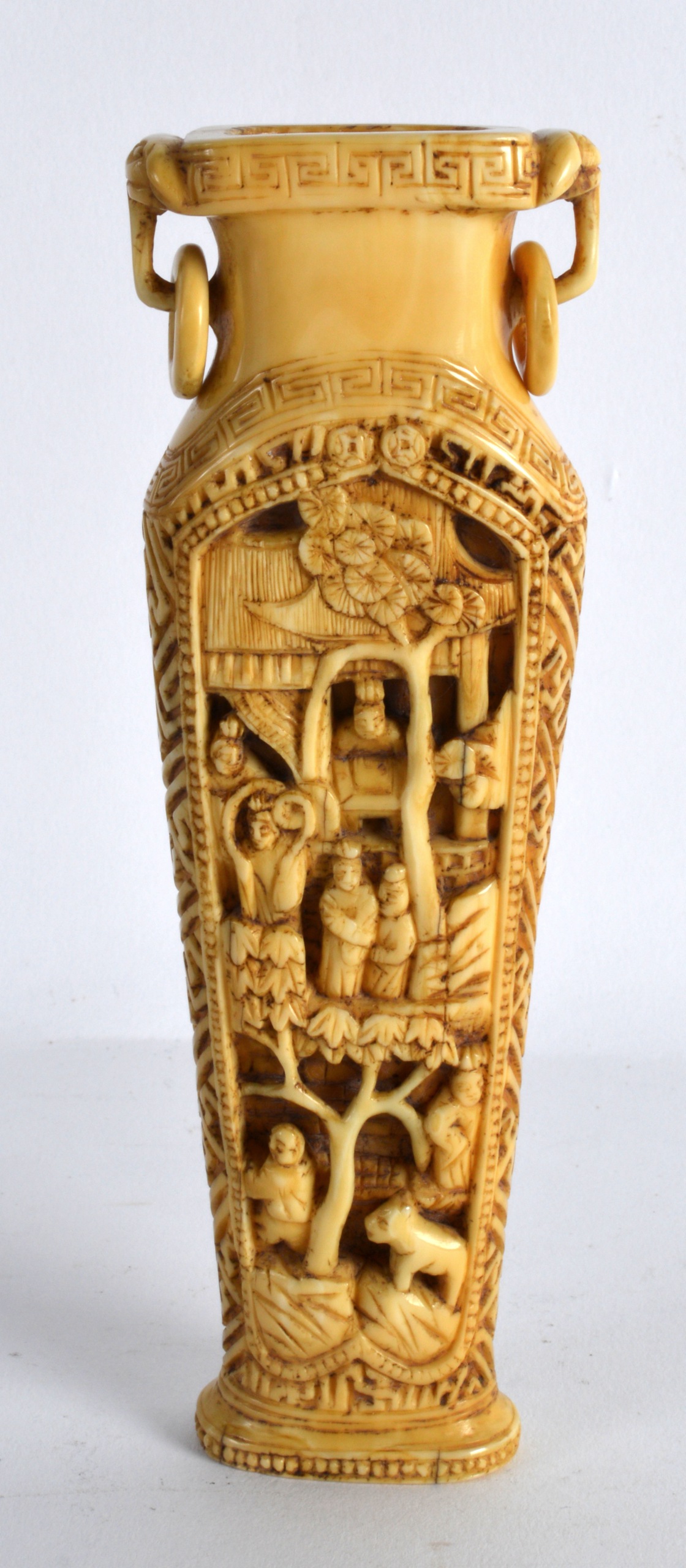 A 19TH CENTURY CHINESE CARVED CANTON IVORY TWIN HANDLED VASE formed with panels of figures in - Image 2 of 3