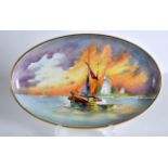 A MINTON PORCELAIN OVAL DISH painted with a sailing scene by R Scott. 5.25ins x 8.25ins.