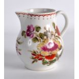 A RARE 18TH CENTURY BOW JUG painted with English flowers under a line & loop border. 3Ins high.