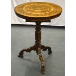 A GOOD EUROPEAN WOODEN MARQUETRY INLAID TILT TOP GAMING TABLE/WORK TABLE. 1 ft 11ins wide.