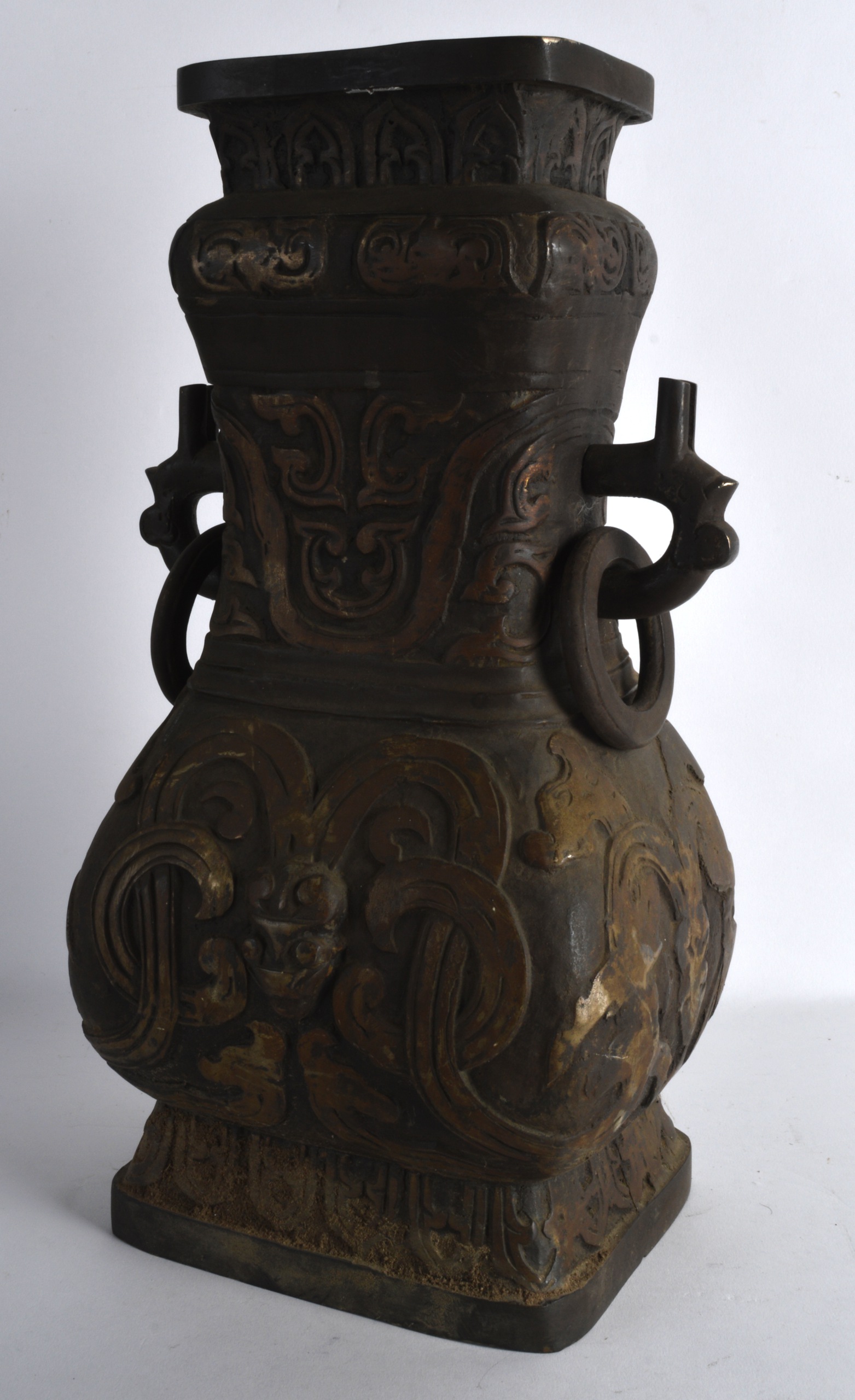 A LARGE CHINESE QING DYNASTY TWIN HANDLED BRONZE VASE decorated with mask heads and motifs. 1Ft 4.