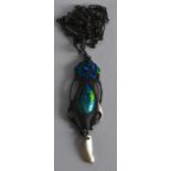 AN ART NOUVEAU SILVER AND ENAMEL NECKLACE with naturalistic hanging pearl mounts. Pendant 2ins