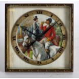 AN EARLY 20TH CENTURY BRASS AND IVORY STRUT CLOCK the dial painted with a fox hunting scenes. 4Ins