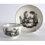 AN 18TH CENTURY WORCESTER TEABOWL AND SAUCER printed with La Amour by Robert Hancock.