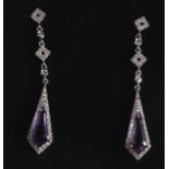 A PAIR OF 18CT GOLD AMETHYST AND DIAMOND DROP EARRINGS.