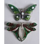 TWO SILVER AND ENAMEL OPAL BUG BROOCHES. (2)