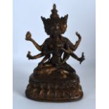 A CHINESE LACQUERED BRONZE FIGURE OF A BUDDHIST GOD modelled upon a triangular base. 7.5ins high.