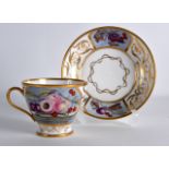 A GOOD EARLY 19TH CENTURY FRENCH PORCELAIN CUP AND SAUCER painted with still life studies of fruit.