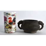 A CHINESE FAMILLE ROSE BRUSH POT 20th Century, together with a heavy twin handled bronze censer. (