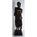 A LARGE STANDING BRONZE FIGURE OF A CLASSICAL MALE modelled holding his robes, upon a marble base.