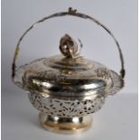 AN EARLY 20TH CENTURY CHINESE EXPORT SILVER TWIN HANDLED CENSER AND COVER with fruiting finial,